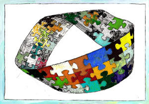 Möbiusband_Eriksen_Möbiusbänder_01_Zeichnung_Lavierte-Federzeichungfarbiges_Möbiusband mit Puzzleteilen in der Entwicklung